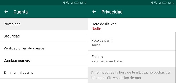 ocultar hora de conexion whatsapp