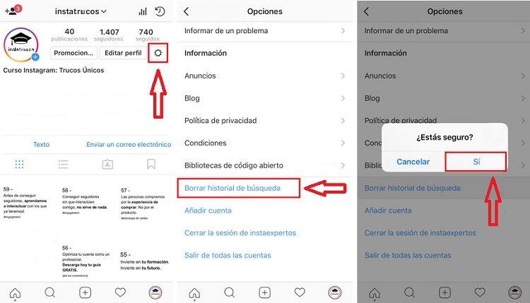 borrar historial de instagram
